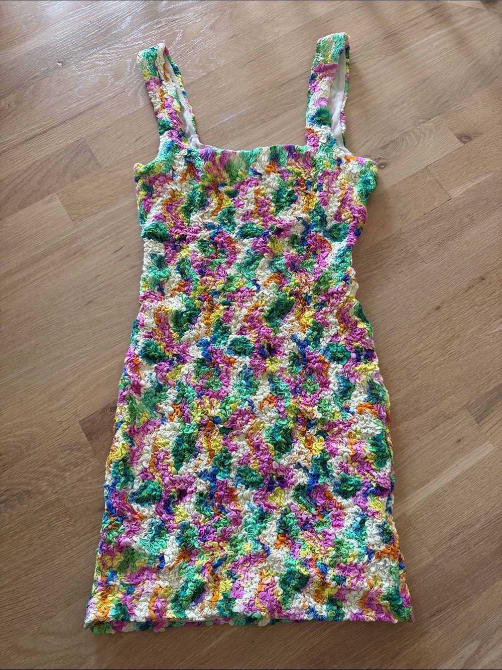 Astr Multicolor Crochet Mini Dress in Green, Pink & Yellow